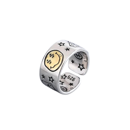 Blakely Rhode Vintage Look Ring Silver and Gold With Smile Face and Poker Dice