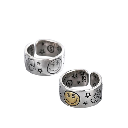 Blakely Rhode Vintage Look Ring Silver and Gold With Smile Face and Poker Dice