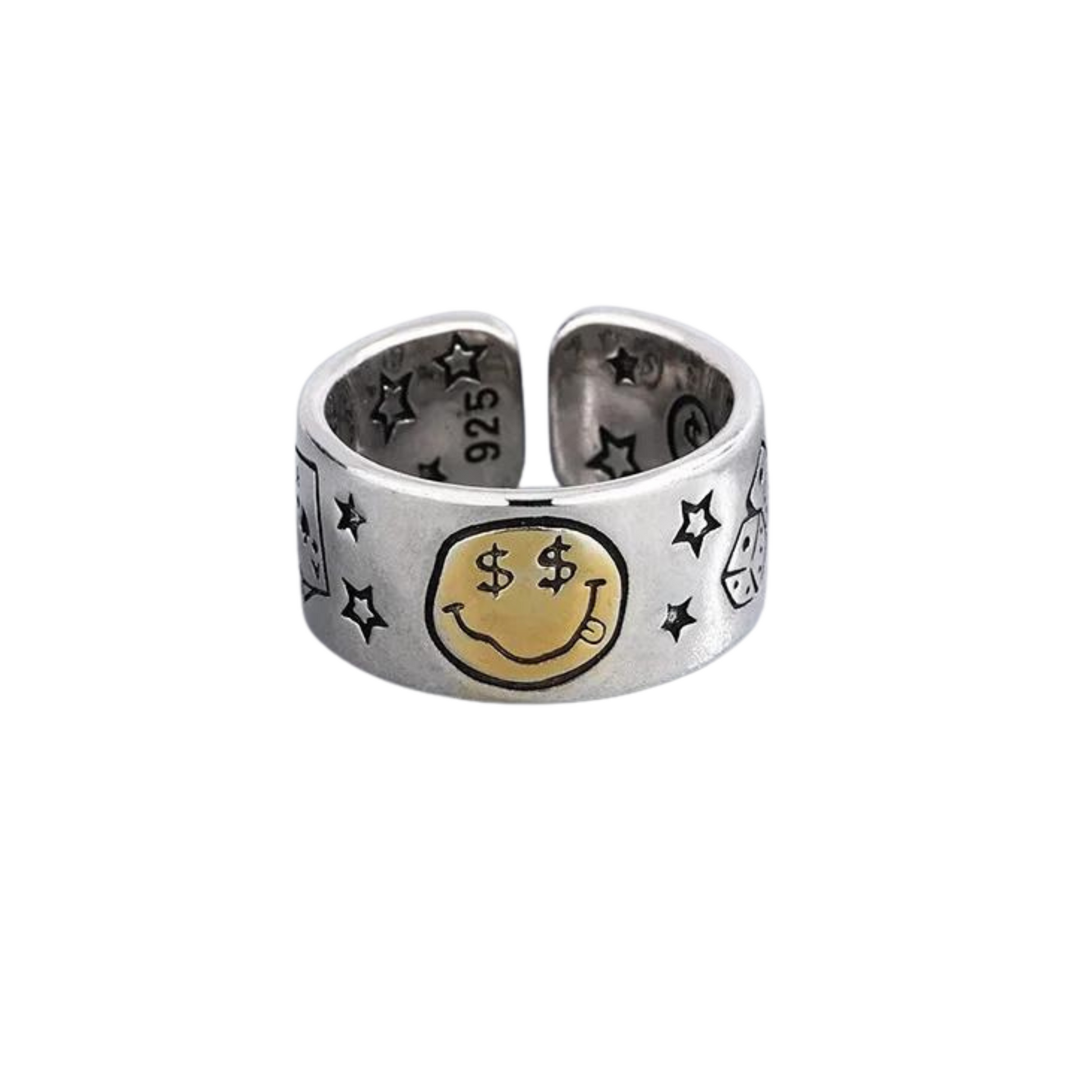 Blakely Rhode Vintage Look Ring Silver and Gold With Smile Face and Poker Dice